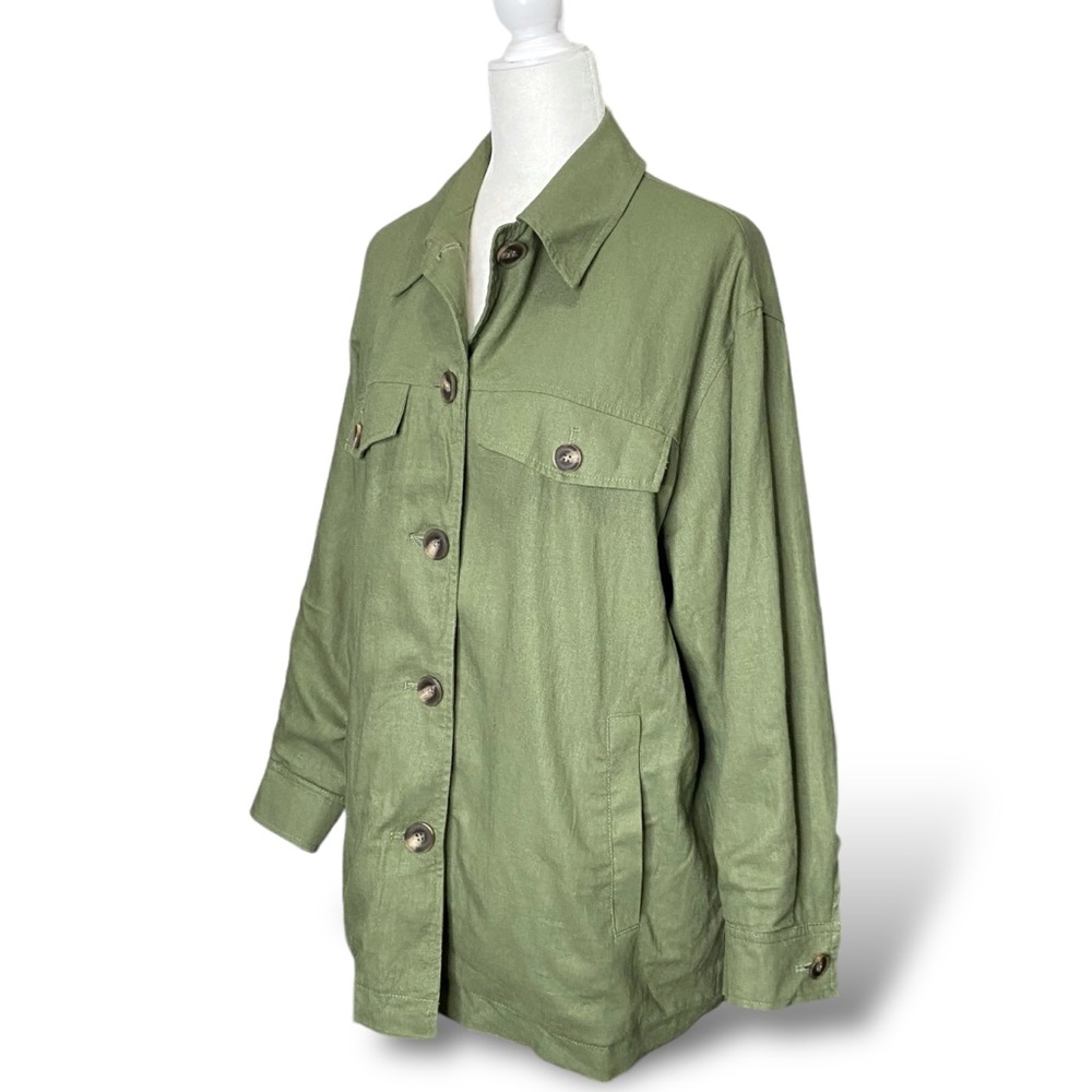 Women's Zara Linen Blend Olive Green Lightweight Button Shacket Jacket Lined